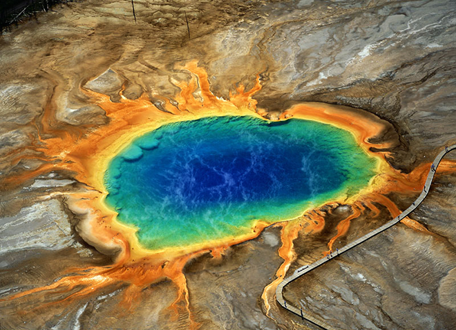 There are several boiling sulfur springs at Yellowstone that have brilliant colored bacteria, and the hotter the spring, the more vibrant the color of the bacterias, yielding rainbow ponds. This is the imagery behind Augustine's description of the worms that live in fire from The City of God. The underlying idea is how Hell glorifies God, and this pool may be a vestige of that imagery. 